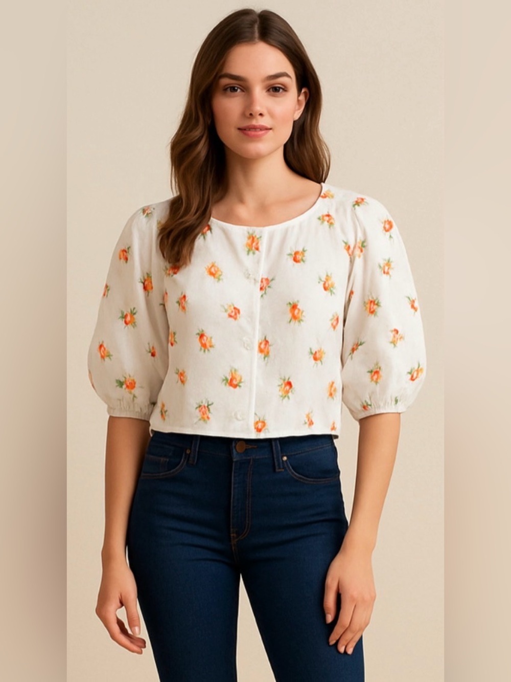 Old Navy White Floral Embroidered Button-Up Blouse, Neon Accents, Size XXL